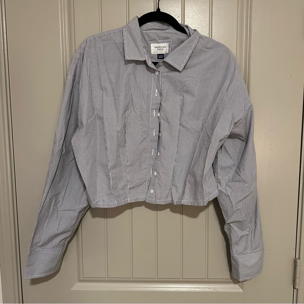 American Eagle Blue Striped Cropped Button-Up Shirt